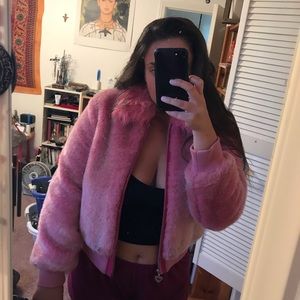 baby pink faux fur bomber jacket